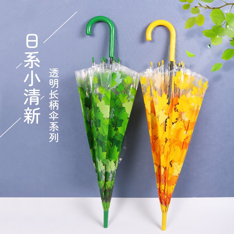 Transparent Maple Leaf Umbrella For Girls, High Aesthetic Value, Automatic Umbrella With Straight Long Handle, Dual-Use For Sun And Rain, Japanese Style, Waterproof, Green Shade - Image 3